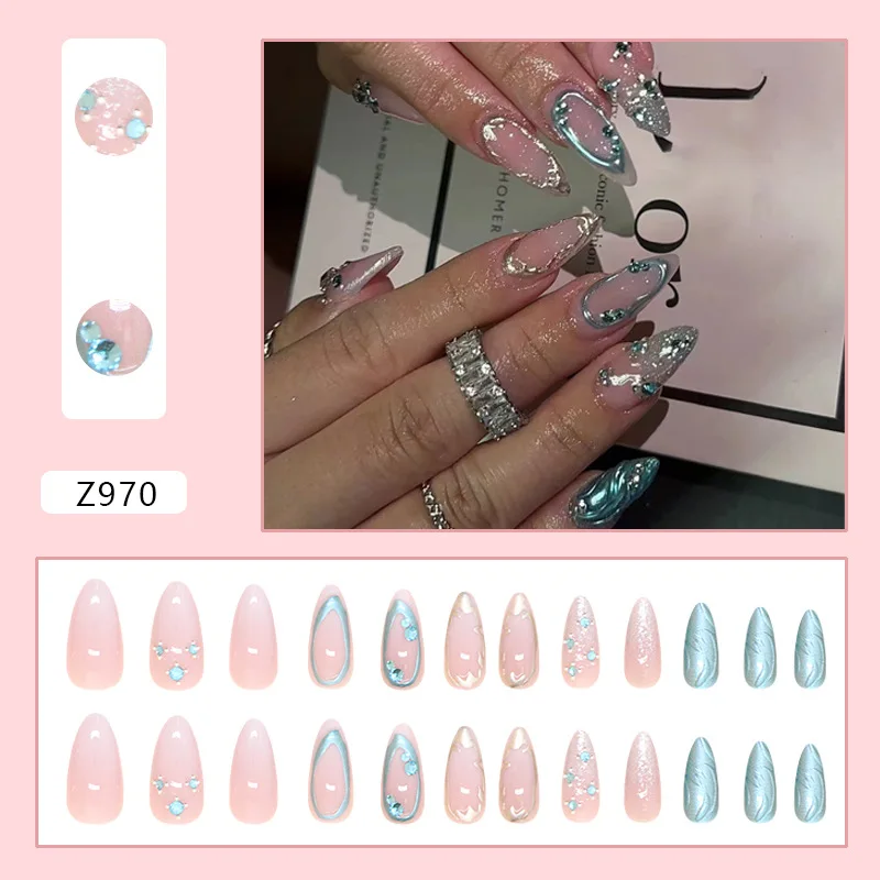 High Quality Fake Nails New Blue Glitter With Diamonds French Ballerina Nails Almond False Nails Full Cover Press on Nails Tips