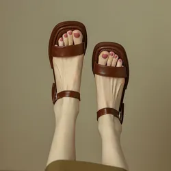 2025 Summer Women Sandals Low Heels Basic Genuine Leather Concise Office Plus Size 35-42 Ladies Casual Outdoor Shoes