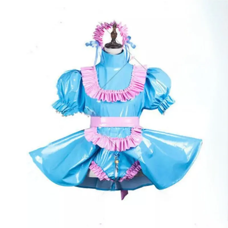 

Adult sissy PVC blue ruffled big bow dress maid cosplay costume customized