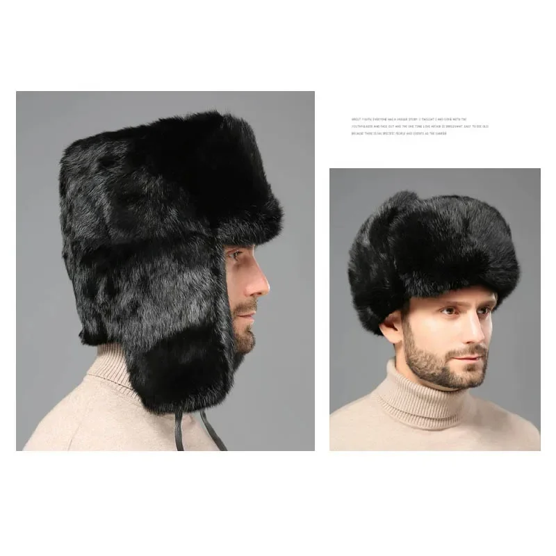 Winter Russische Man Vrouw Woman Faux Rex Konijnenbont Hoeden Luxe Faux Schapenhuid Lederen Pet Bont Bommenwerper Hoed Ushanka Hoeden