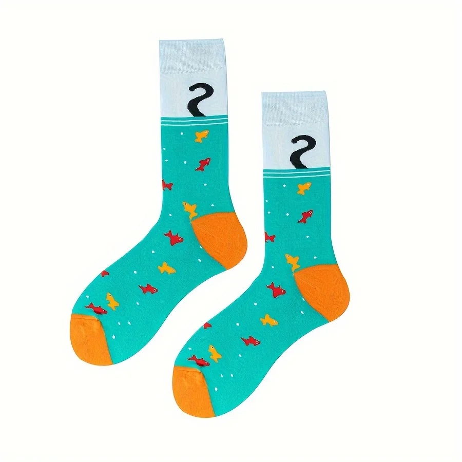 1 pair of new autumn and winter black cat catching fish pattern men\'s couple middle tube socks