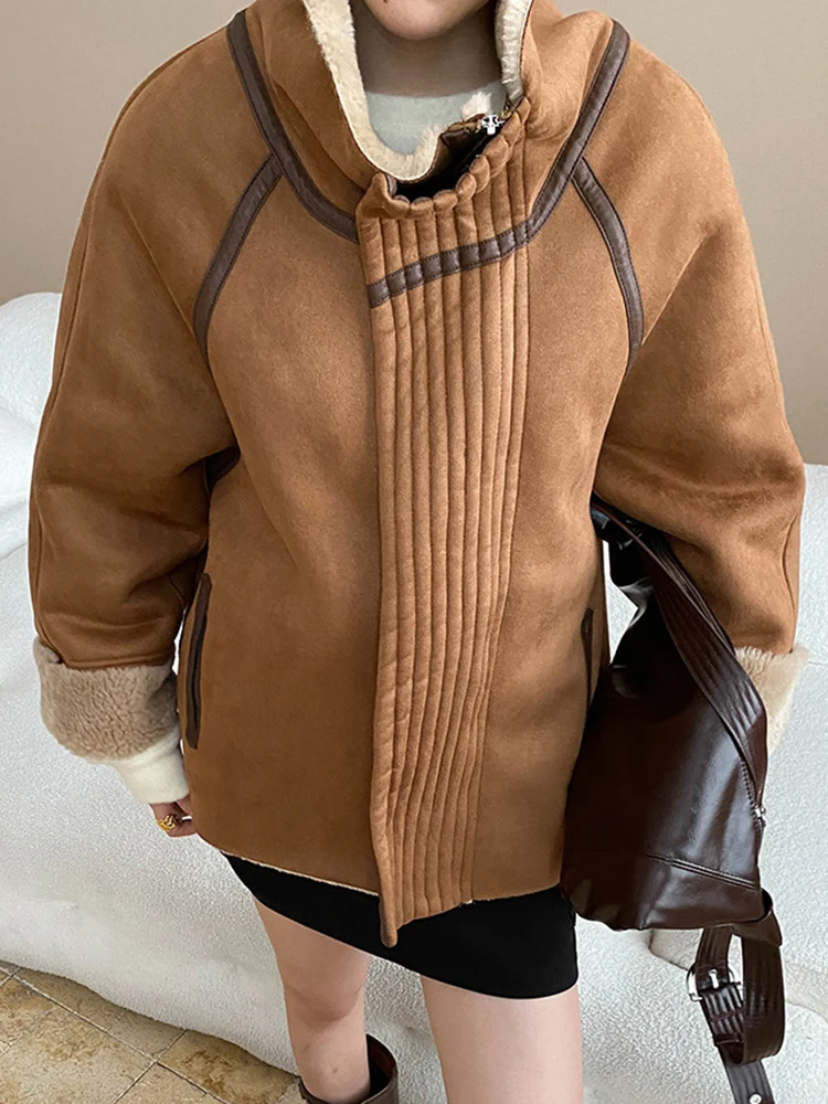 YERMORA Camel Irregular Pleated Thick Jacket For Women Lapel Long Sleeve Loose New Coat Fashion Tide Autumn Winter 2025