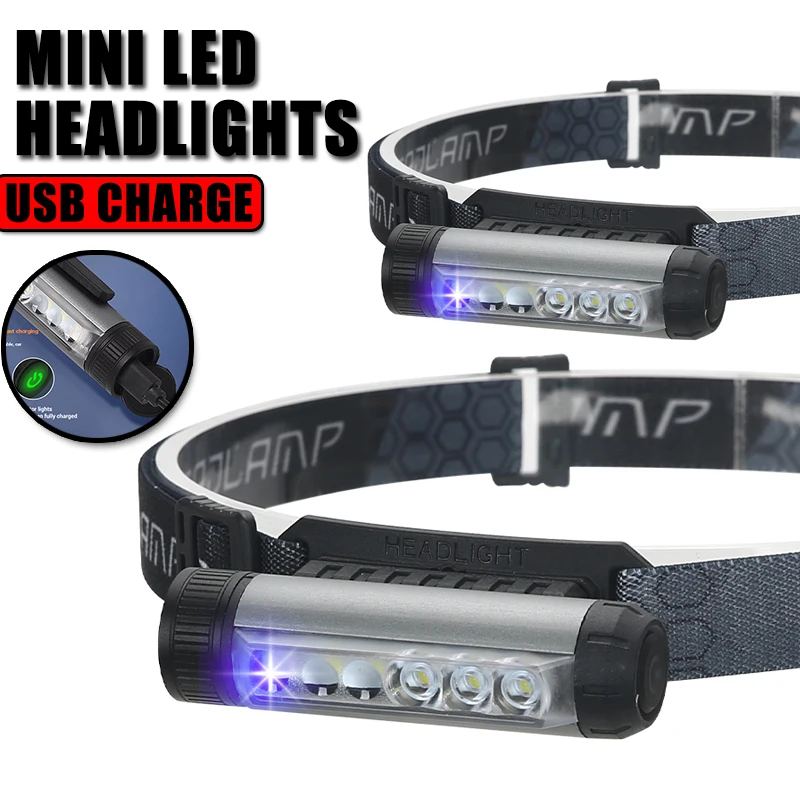 Portable Mini LED Headlight USB Charging Red Warning Light Headlight Clip Waterproof Flashlight Camping Fishing Magnetic Light