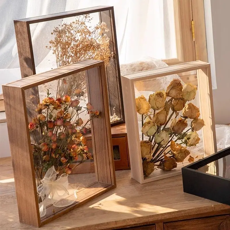 4cm Deep Transparent Shadow Box Frames Bouquet Display Flower Case Deep for Crafts 3D Picture Memorabilia Memory Wooden Tabletop