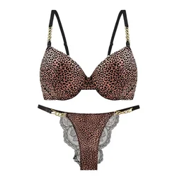 Leopard Print Sexy Bra and Thong Sets Women Comfy Seamless Brassiere Rhinestone Lace Bralette Gathering Chest Push Up Underwear