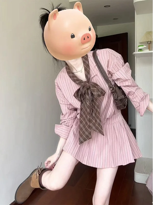

Элегантное платье-рубашка в полоску в студенческом стиле для женщин, осенне-зимнее, новое, с завышенной талией, приталенное, А-силуэт, с длинным рукавом, короткая юбка