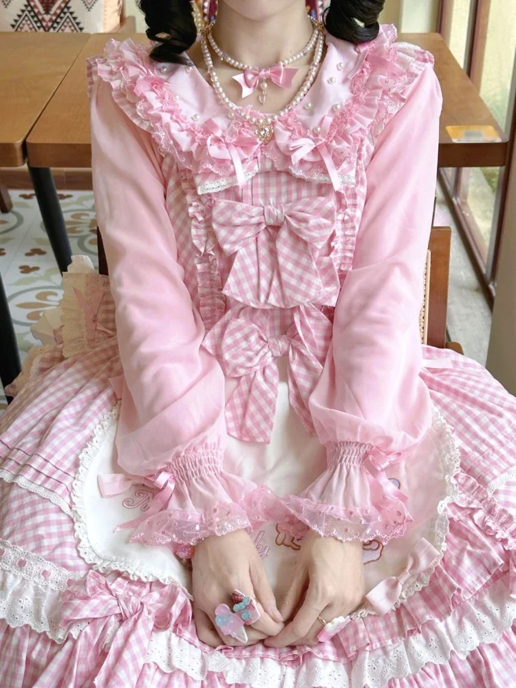 

Peter Pan Collar Kawaii Casual Ruffle Lace Cartoon Patchwork Tee Basic Tops Fashion Y2k Sweet Peral Appliques Japanese T Shirt