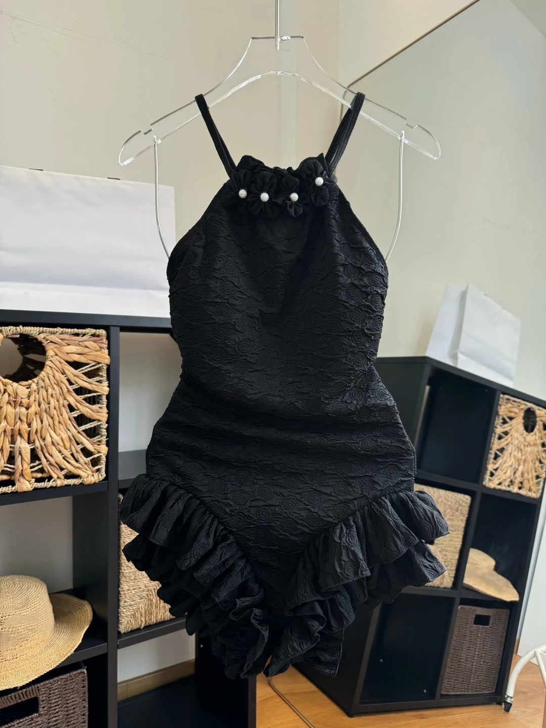 Women's Slim Fit Black Flower One Piece Swimwear