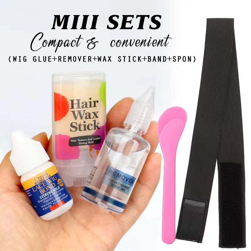 5Pcs Wig Installation Kit Set - Lace Wig Glue + Glue Remover + Lace Melt Band + Hair Wax Stick + Edge Brush -Beginner Friendly
