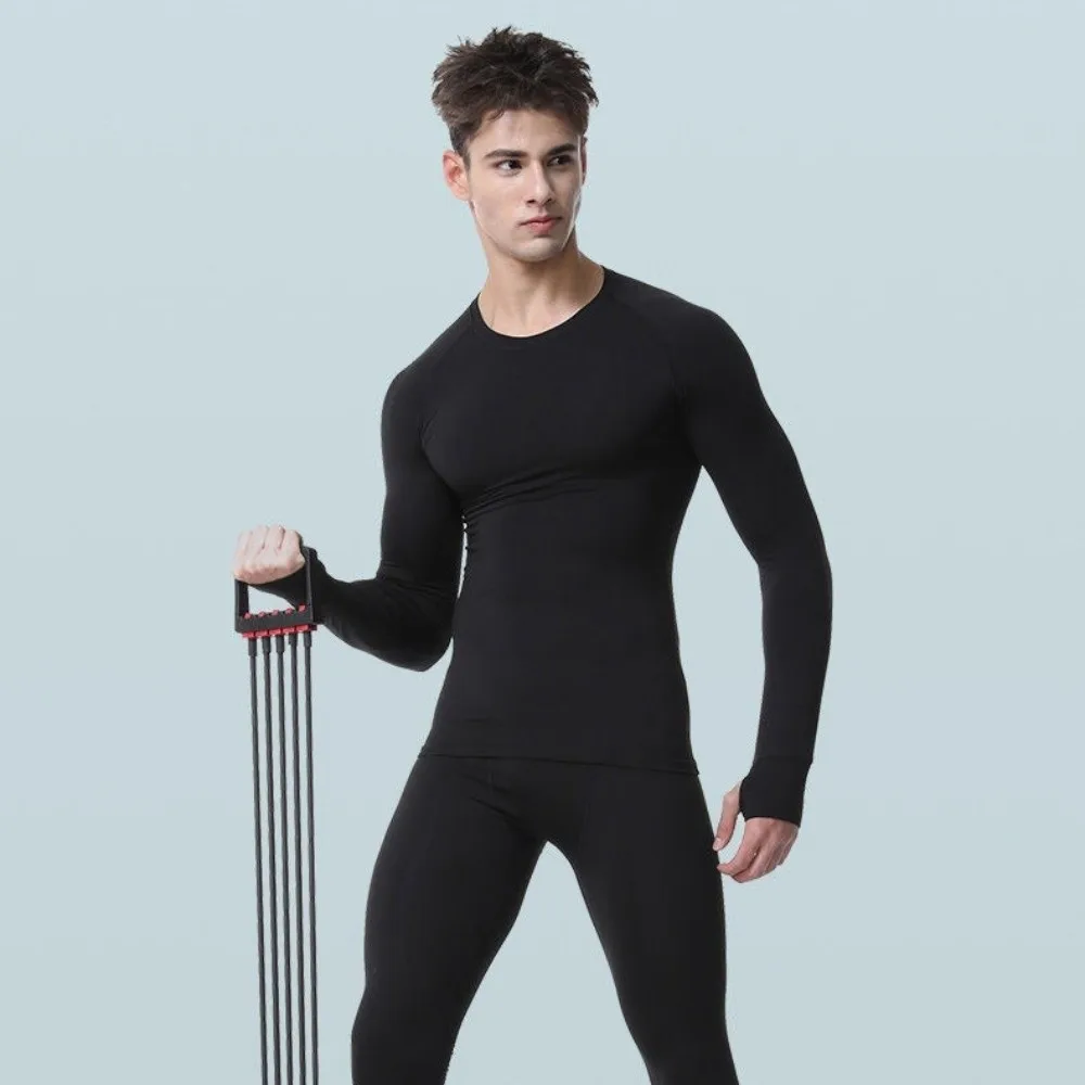 2PCS Set Quick-drying Men's Ski Thermal Underwear Elastic Tight-fitting Fleece Fitness Suit Soft Comfortable Tops Pants Set