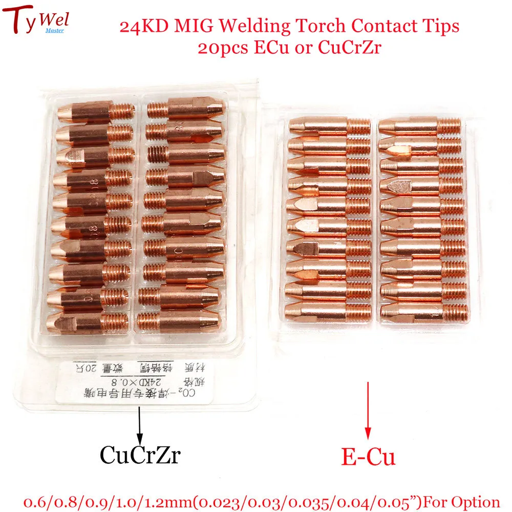 Euro Estilo Welding Contato Dicas Ecu Cucirzr Tocha Mig Consumíveis 0.8 mm 1.0 mm 1.2 mm 24kd 20 Pcs