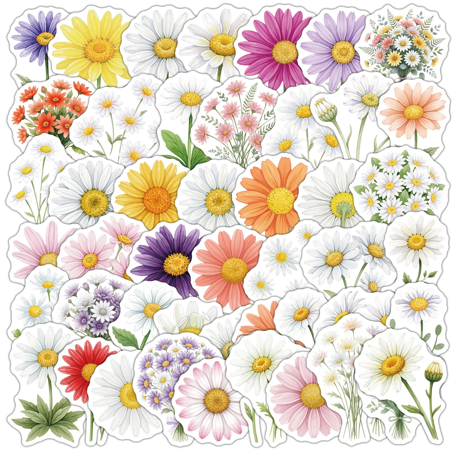 50 PCS Exquisite Daisy Graffiti Stickers Pack Decorate Water Cup Luggage Storage Box Vase Laptop Non Repeated Stationery Decals