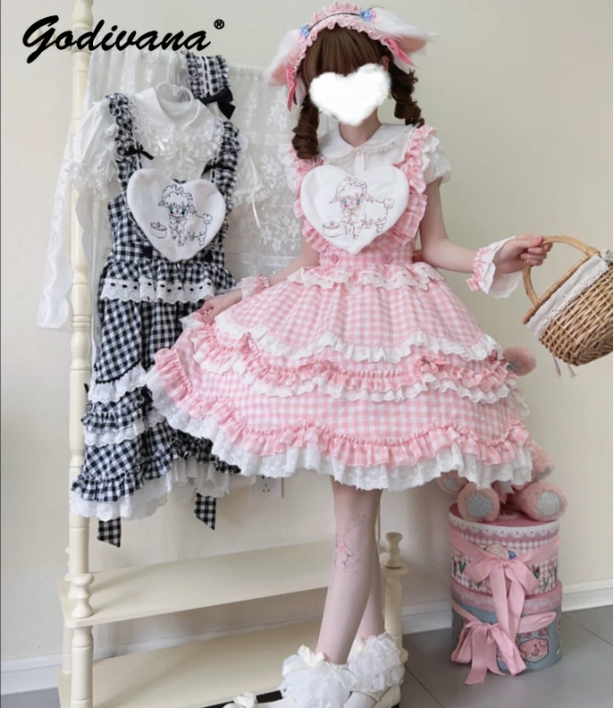 Sweet Cute Girls Lolita Dress Set Gorgeous Flower Marriage Princess Lace Bow Jsk Suspender Dress Flare Sleeve Shirt Women Outfit