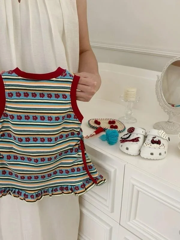 Filles rayure T-shirt Dr Vintage tenue d'été bébé gilet jupe vêtements pour enfants coton vichy Plaid Midi Dr