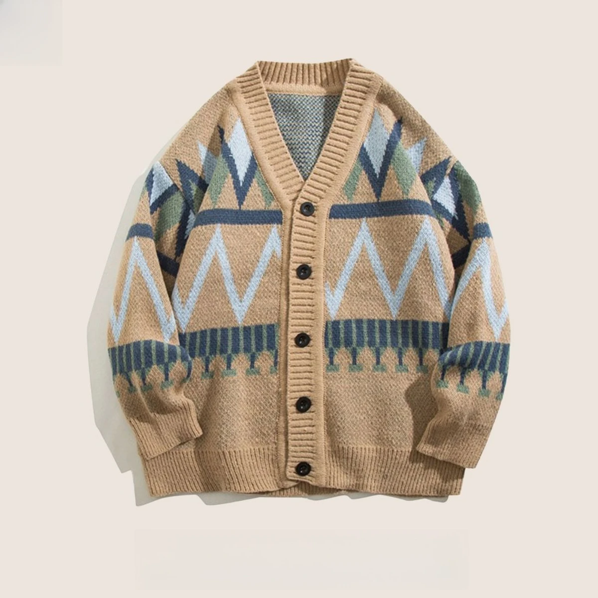 Men's Japanese Retro V-Neck Cardigan Sweater Loose Fit Ethnic Jacquard Knitwear Cozy Autumn Winter Lazy Style Outerwear
