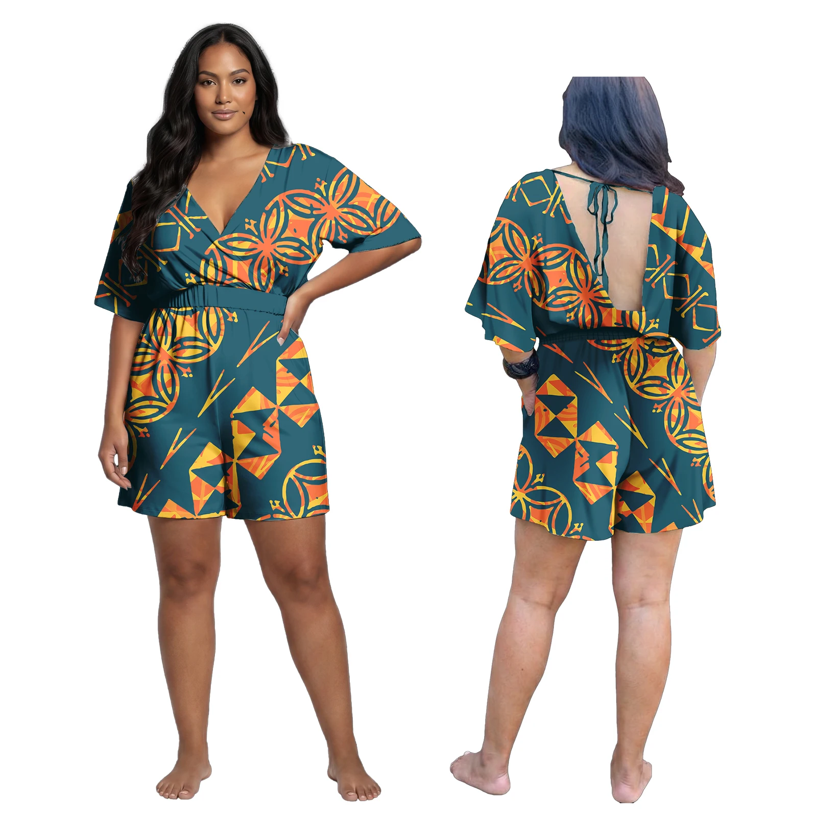 Custom Playsuits Women Samoa V-Neck One Piece Polynesian Beach Shorts Jumpsuit Floral Print Ladies Sexy Backless Hawaiian Romper