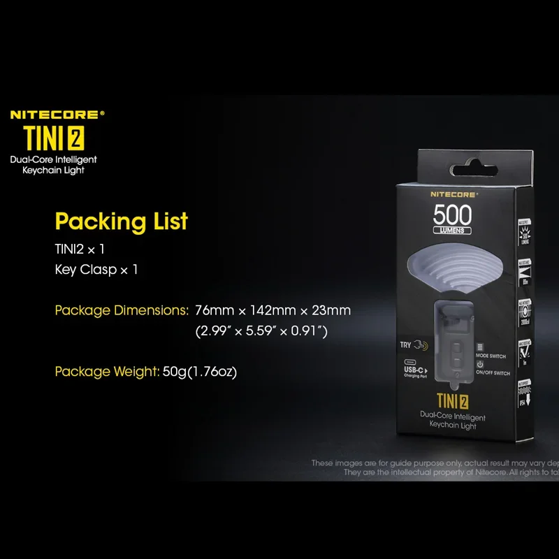 NITECORE Tini2 Keychain Light 500Lumens USB Rechargeable 5 Lighting Modes OLED Display Mini Led Flashlight