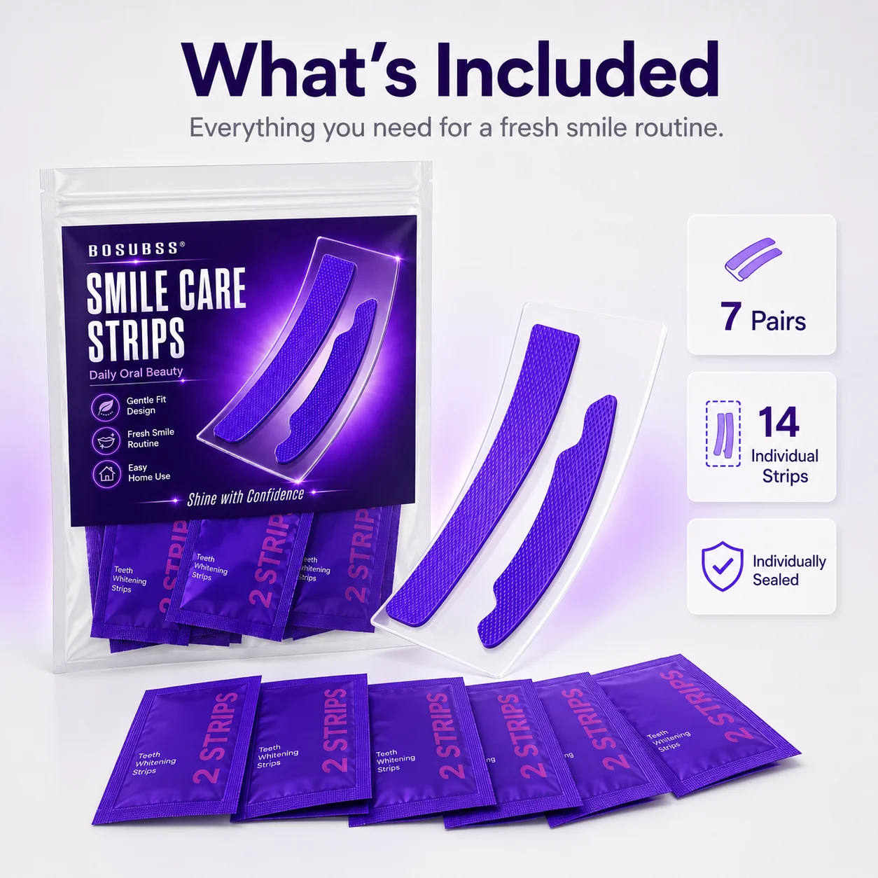 14PCS/7 Pairs Purple Smile Care Strips, Individually Packed, Gentle Fit, Easy Home Use, Portable Daily Oral Care