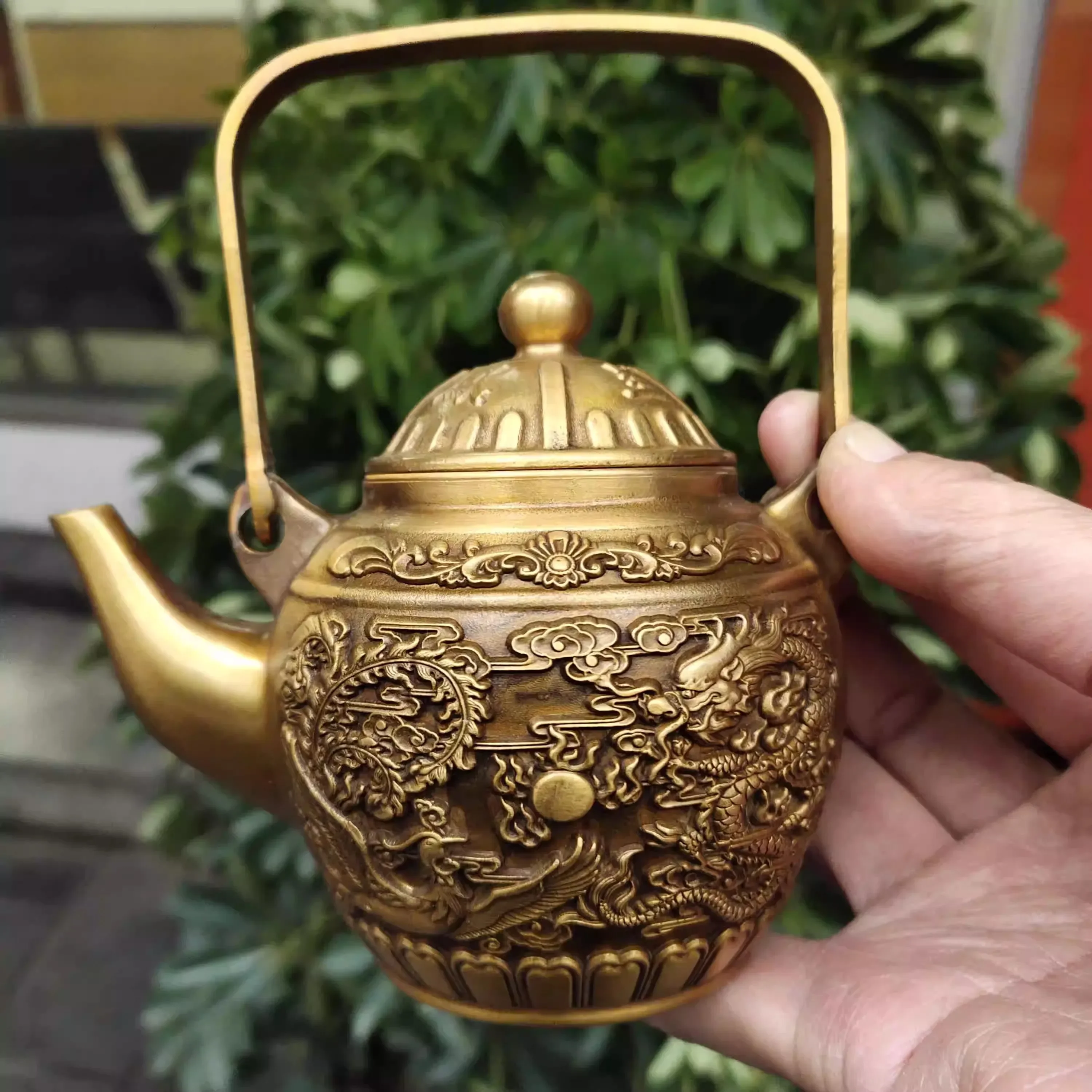 

14cm Chinese Brass Lucky Dragon and Phoenix Pattern Teapot Wine Pot Flagon Statue