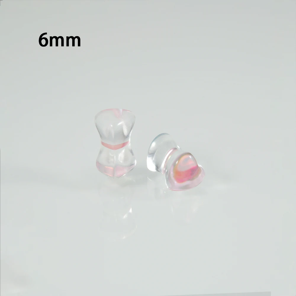 1Pair Heart Top Quality Iridescent Pink For Women Glass Double Flare Flashback  Ear Plugs Tunnel Gauge Ear Stretching Expander