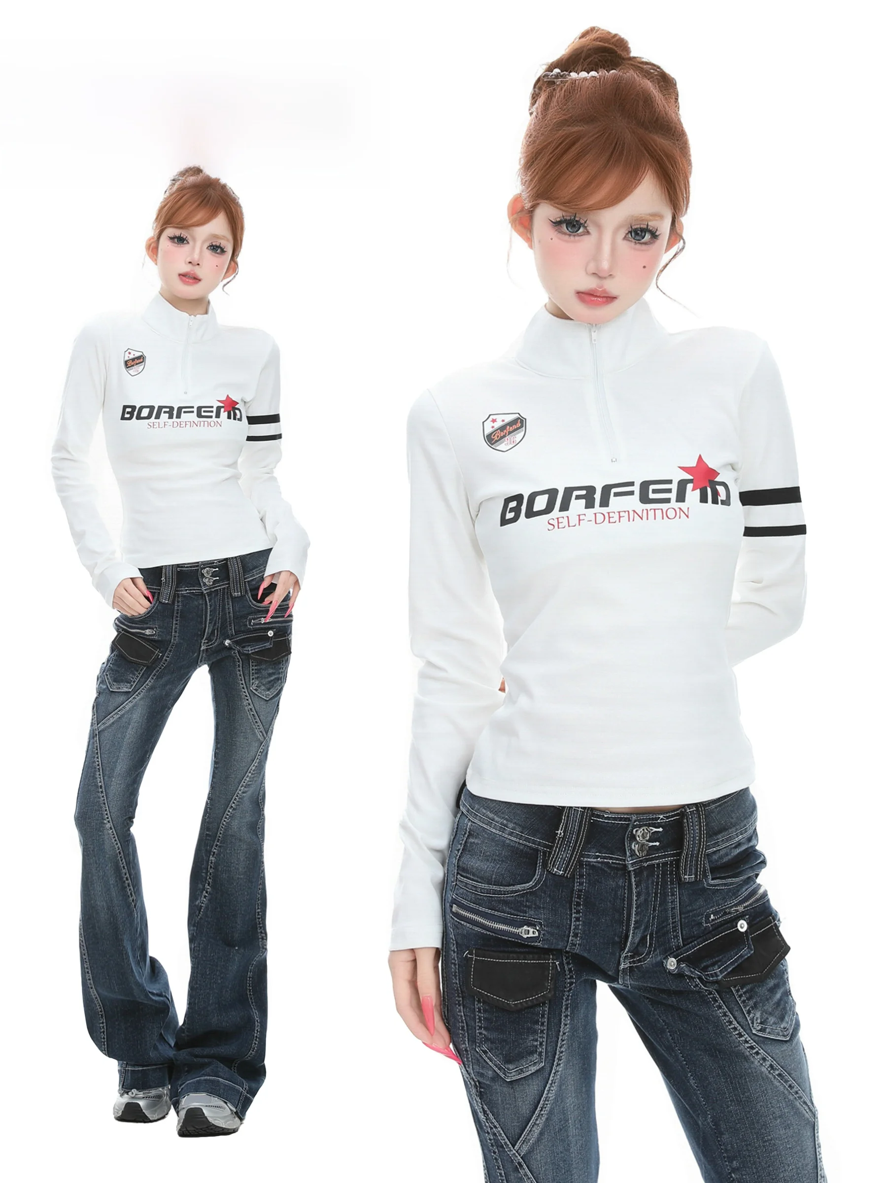 

Basterds American Letter Print Stand Collar Long Sve T-irt Women's Spring Design Slimming Top High Waist Cotton Blend