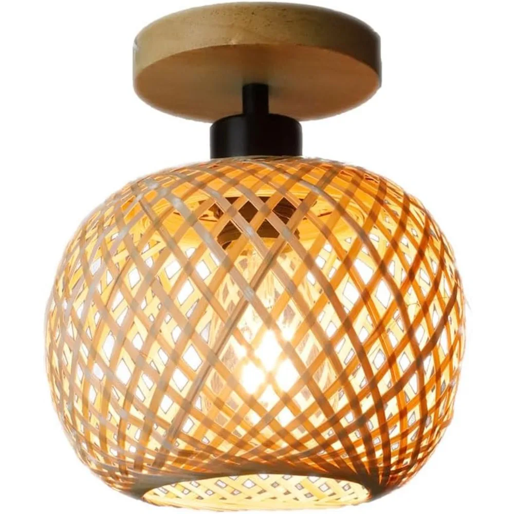 Rustic Bamboo Ceiling Light Flush Mount Lampshade Hand Woven Indoor Light Fixtures  Ceiling Lamp for Living Room Dining Room