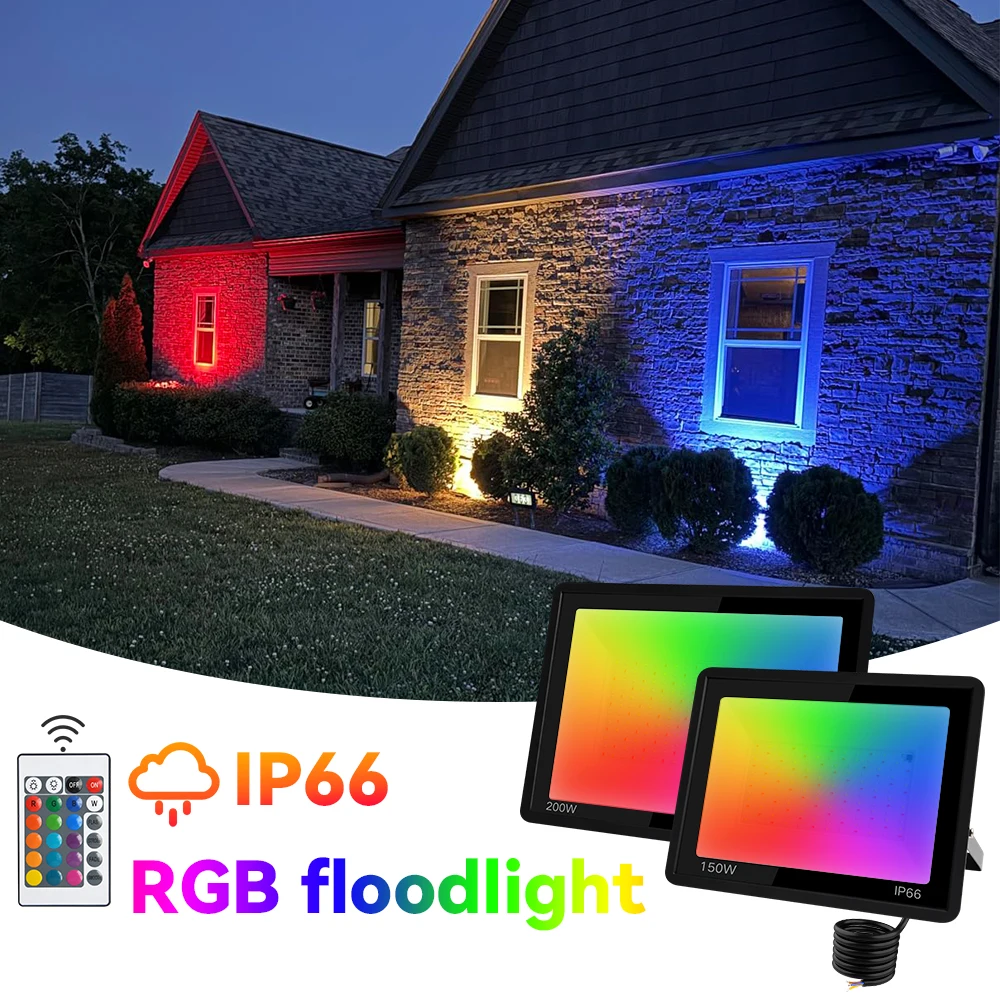 Led RGB Flood Light 50W 100W 150W 200W IP66 Outdoor Floodlight Spotlight AC 220V Reflector Projector Lamp Garden RGB Lighting