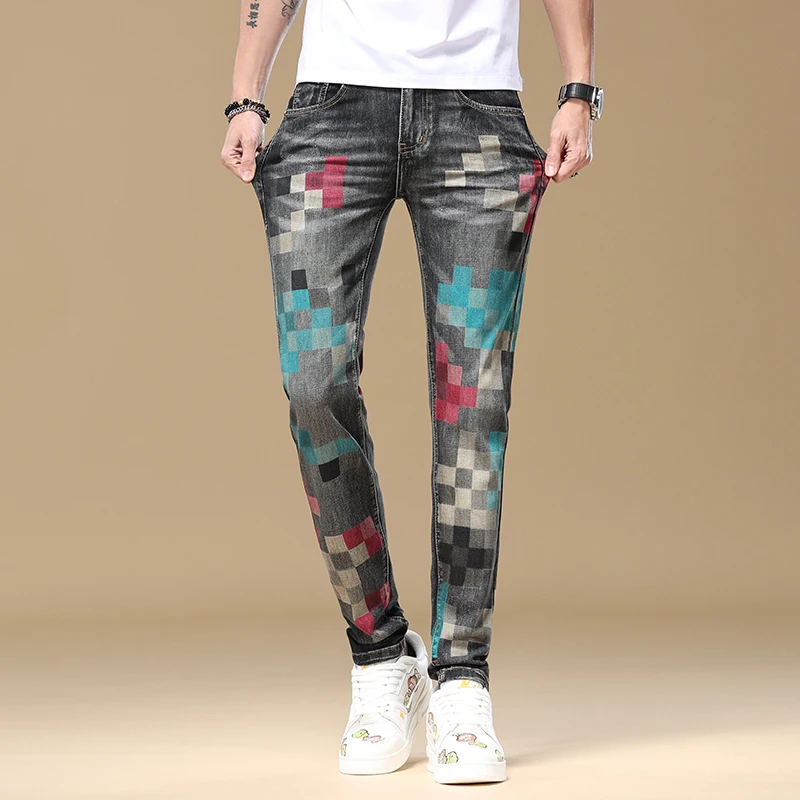 Fashionable mosaic print design jeans for men's summer stretch slim fit small foot trend street personalized denim pants