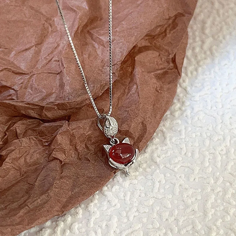 China-Chic Fox Pendant S925 Sterling Silver Inlaid Red Agate Diy Bracelet Necklace Accessories