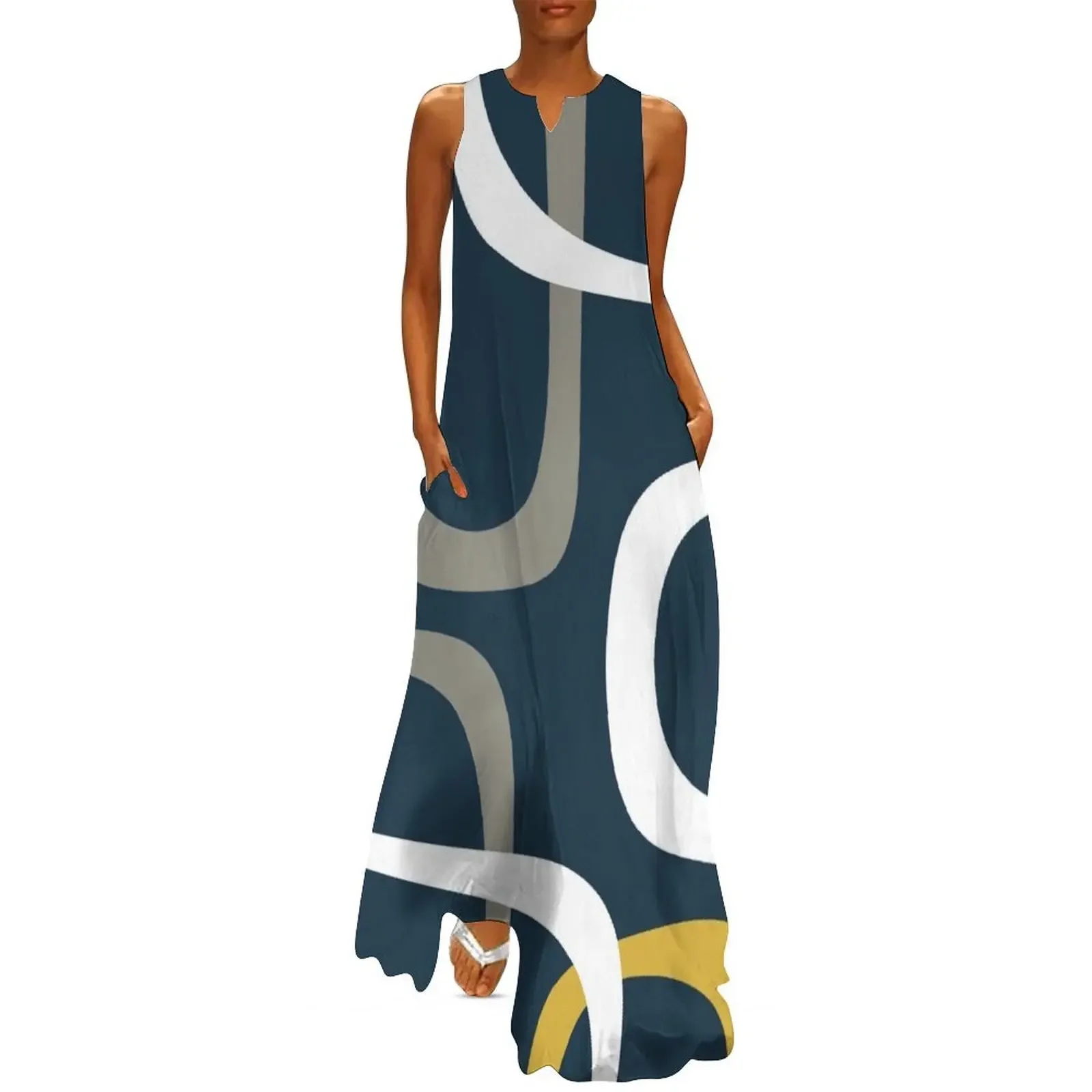 

Midcentury Modern Loops Retro Pattern in Light Mustard, Grey, White, and Navy Blue Long Dress Women's clothing Dress