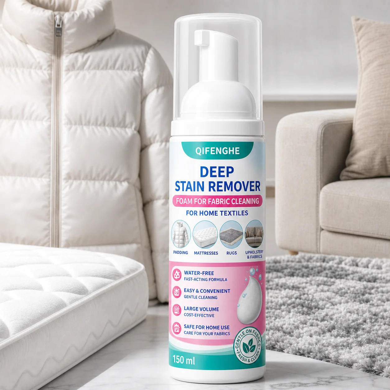 QIFENGHE 150ml Fabric Stain Remover Foam, Water-free No-rinse Cleaner for Down Jacket, Mattress, Sofa, Carpet, Home Textile Spot