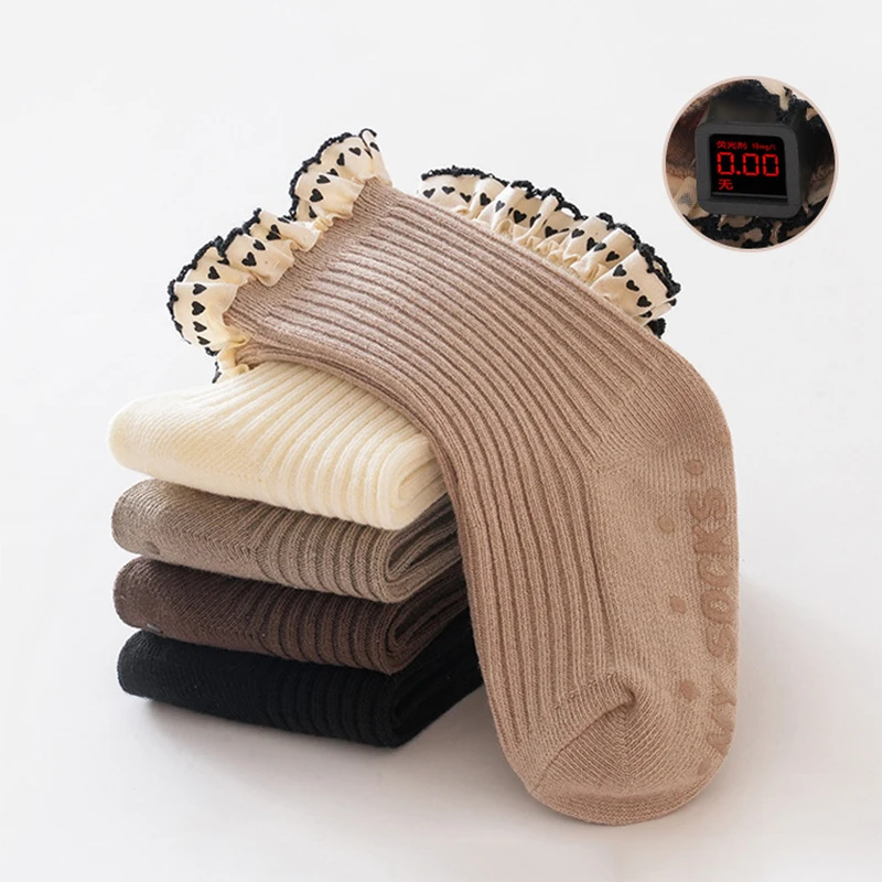 Princess Girl Lace Ruffle Socks Baby Autumn Warm Kint Sock Kids Solid Color Cotton Socks Silicone Bottom Anti Slip Floor Socks