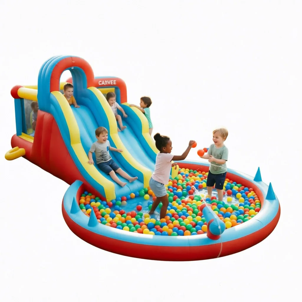 Aufblasbarer Wasserrutschenpark für Kinder – Multifunktionale Hüpfburg mit zwei Rutschen, Kletterwand, Planschbecken, Wasserkanonen, Ringwurfspiel und Wassersprüher – Robustes Oxford-Gewebe – Gebläse