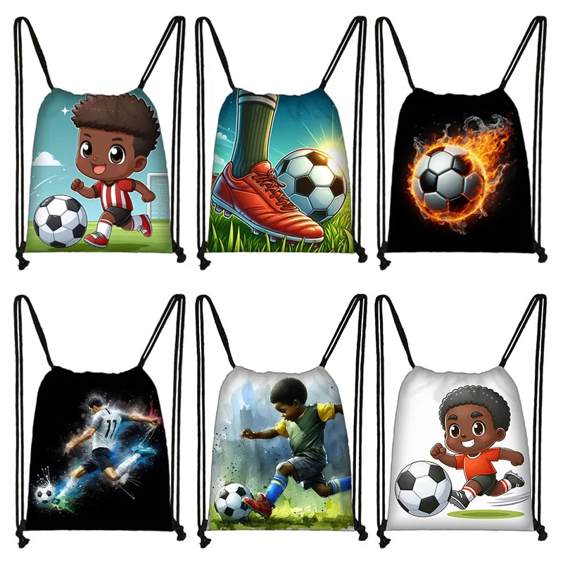 Mochila con estampado de fútbol de dibujos animados para niños, bolsa con cordón, Mochila deportiva, regalo