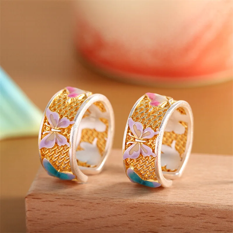 S999 Sterling Silver Charms Rings for Women Enamel Butterfly Argentum Wires Trace a Design In Gold Fashion Jewelry Wholesale