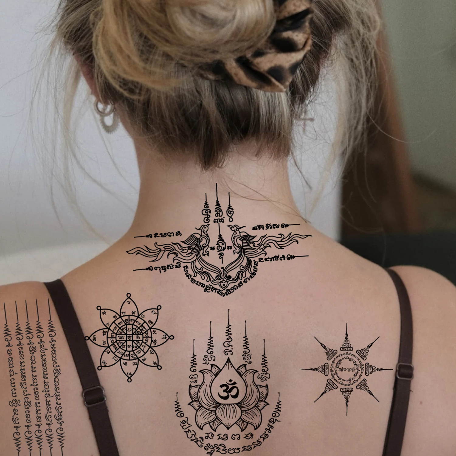 6 Sheess  Long-Lasting 1-2 Weeks, Temporary Tattoos - Black  Designs for Men & Women, Includes Om, and Spiritual Symbols