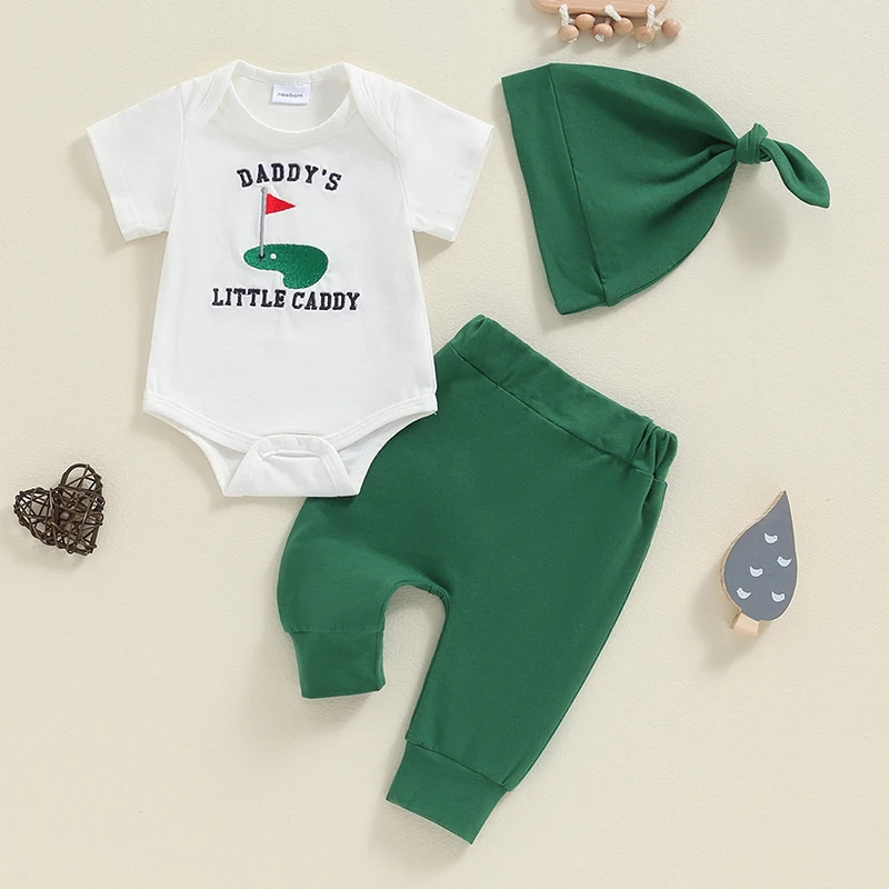 Tenues de golf pour bébés garçons, barboteuse brodée à manches courtes, ensemble pantalon et chapeau, vêtements pour nouveau-nés, 3 pièces, 2024-04-25