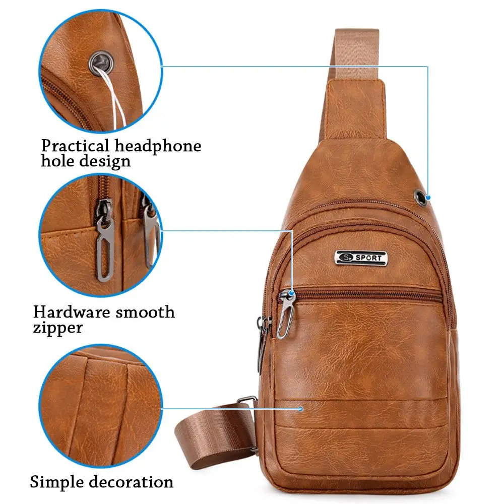 Fashion Men Bags Leather Chest Shoulder Crossbody Bag Zipper Pack Sling Shoulder Bag Outdoor Travel Bags