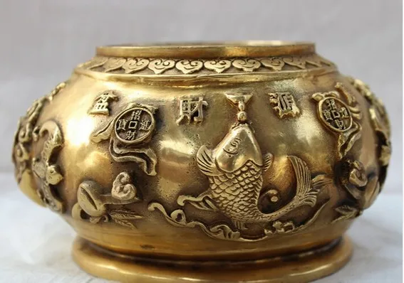 

Chinese Brass 5 Mammon God Fish BAT RuYi Statue Treasure Bowl Jar Incense Burner