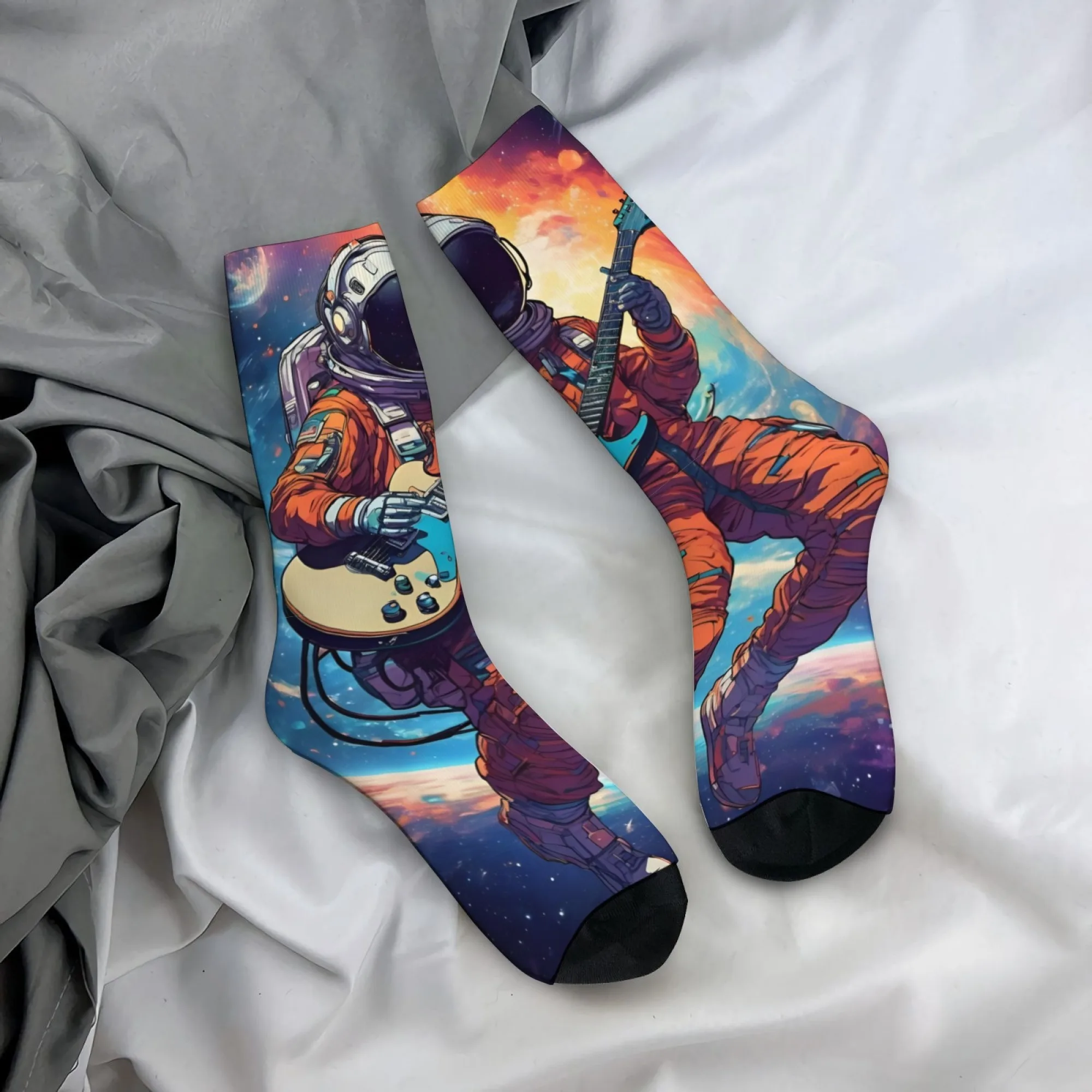 Harajuku Retro Space Rock Astronaut Print Men's Socks Novel Street Space Music Sci-Fi Style Casual Socks Crazy Party Gift