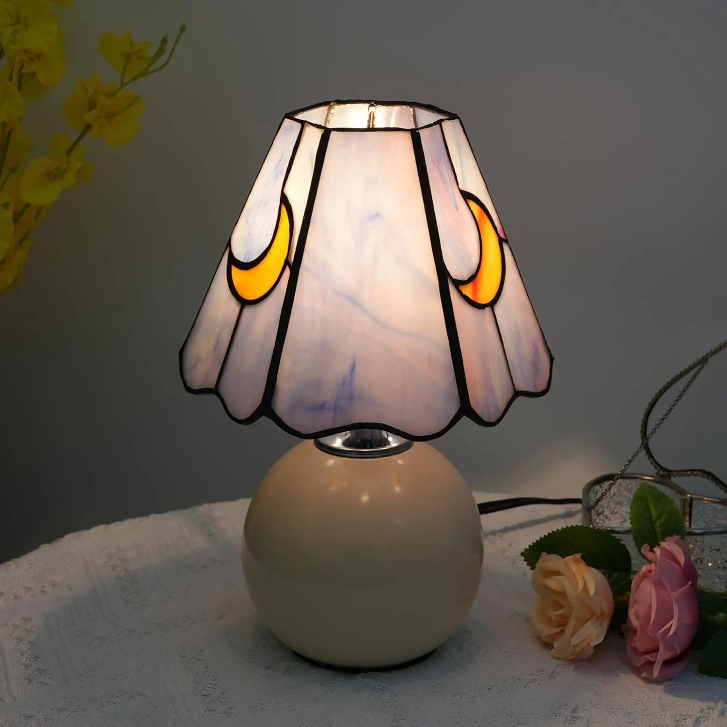 Mushroom Moon Stained Glass Table Lamp, Cute Bedside Night Light for Living Room Decor, Pink Blue Gift