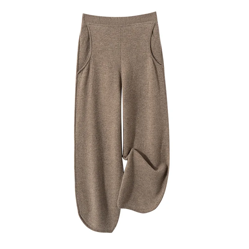 

Women's Pure Merino Wool Broadfoot Autumn/Winter High-waisted Style Knit 9 Points Korean-style Solid Color Pocket Pants