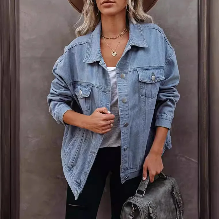 Women's Loose Denim Jacket, Classic Long Sleeve Button Down Boyfriend Jean Trucker Jacket