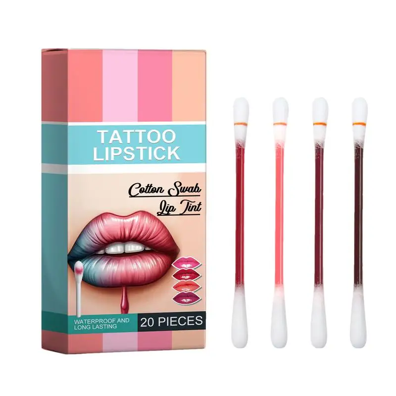 20Pcs Cotton Swab Lipstick  Tattoo Lipstick Non-Stick Long-Lasting Waterproof And Kiss-proof Lip Liquid Lipstick Moisturizing