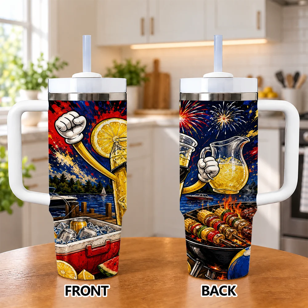 Watermelon BBQ Fireworks Summer 40oz Tumbler with Handle Straw Stainless Steel Insulated Travel Mug Party Gift Vacuum Flasks