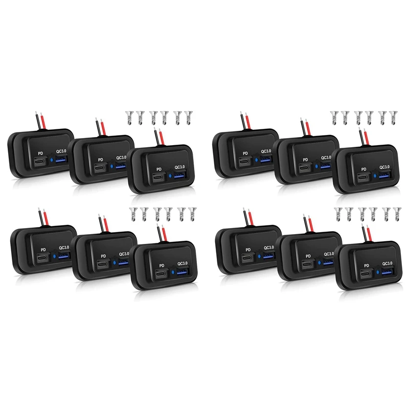 

12PCS 12V/24V RV USB Outlet, Dual PD3.0 Type-C (USB C)& Quick Charge QC3.0 USB-A Port Panel Mount Car USB Socket Charger