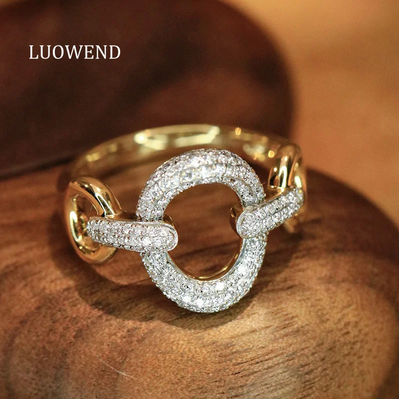 

LUOWEND 100% 18K Yellow Gold Rings Luxury Fashion Design Real Natural Diamond Engagement Ring for Women High Party Jewelry