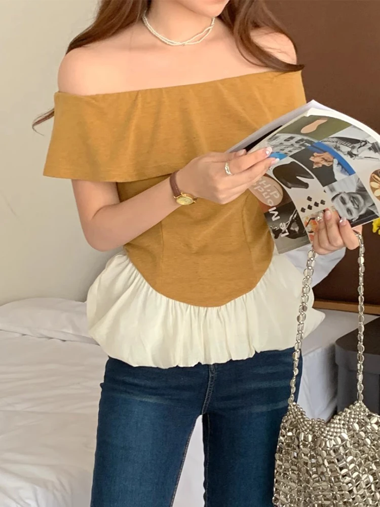 

Винтажные рубашки для женщин, корейские футболки, женская модель, сексуальные футболки с воротником-лодочкой, летние футболки 2024, женская одежда