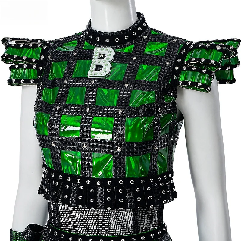 SIX The Musical Cosplay Costume Anne Boleyn Green Faux Leather Mini Skirt Black Fishnet Tights Set for Women’s Halloween Dress view 3