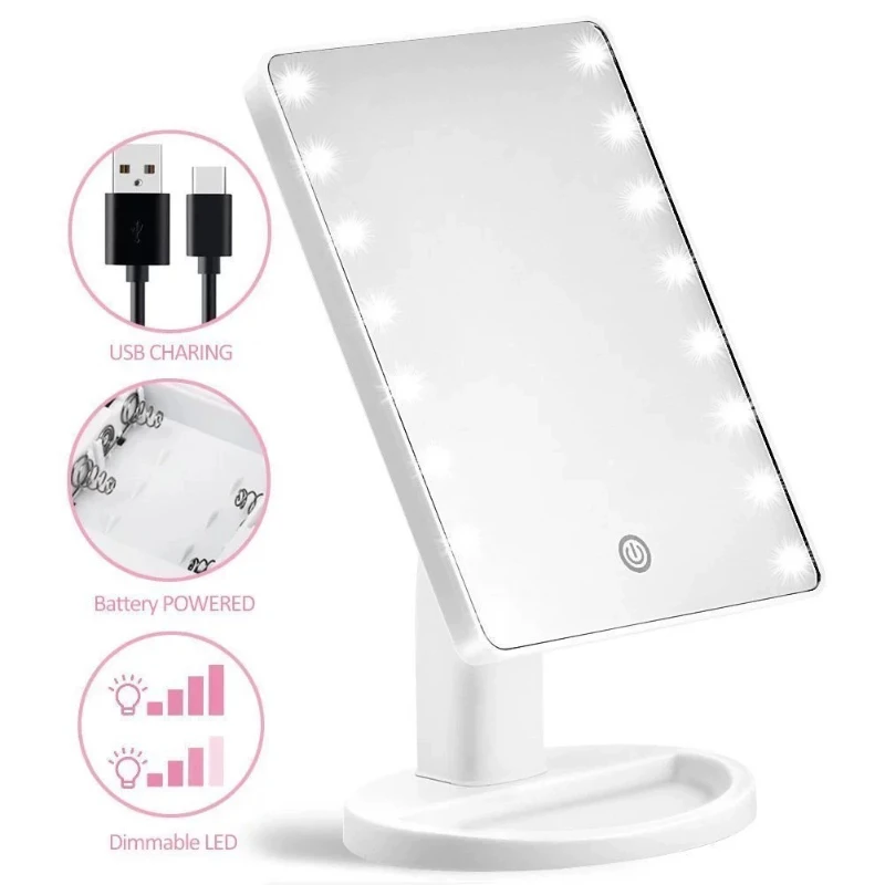 16LED Touch make-upspiegel, instelbare helderheid en 3 snelheden licht, 360 °   Rotatie, draagbare make-upspiegel voor thuis, reizen, slaapzaal,
